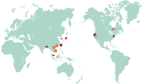 海の雫フコイダンの販売支店があるアメリカ、カナダ、香港、韓国、ベトナム、シンガポール、台湾、タイにプロットされた世界地図